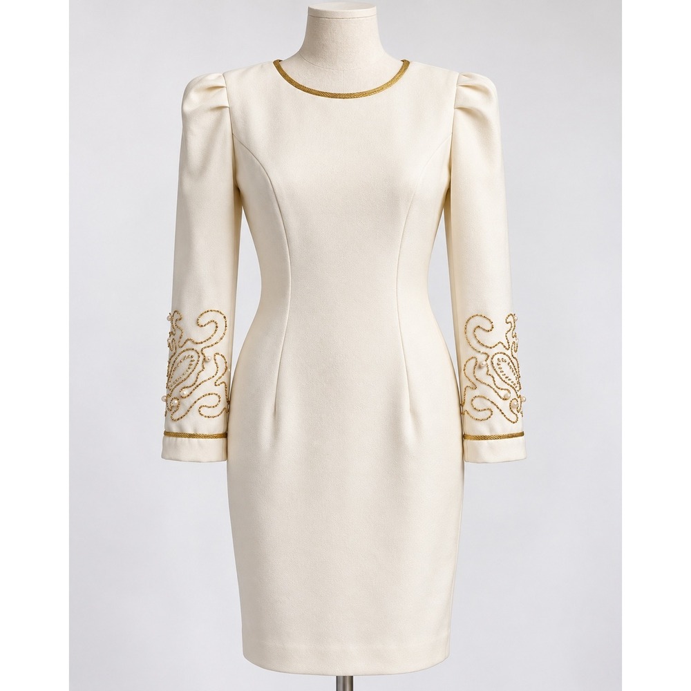 Vintage 80s Ivory Gold Embroidered Pearl Puff Sleeve V-Back Cocktail Dress